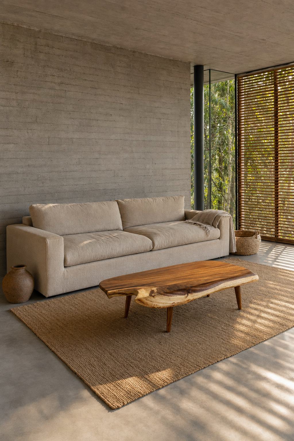 Staged visualisation — Sabana I seen from three-quarters, afternoon light raking across the live edge