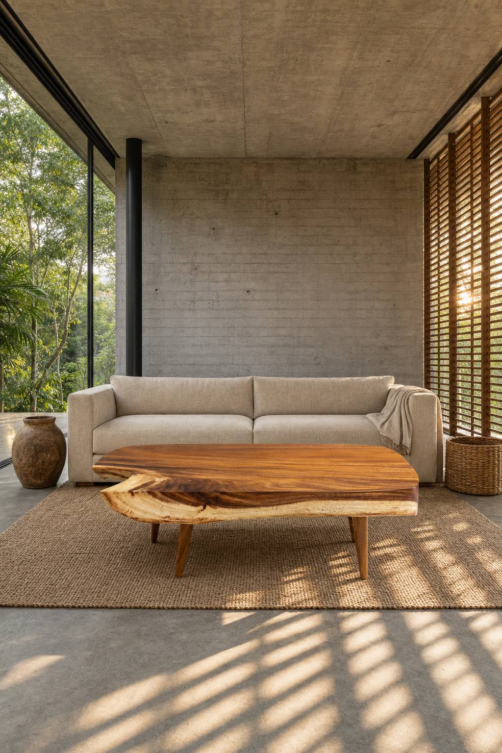 Staged visualisation — Sabana I in a concrete living room, seen straight on in front of a linen sofa