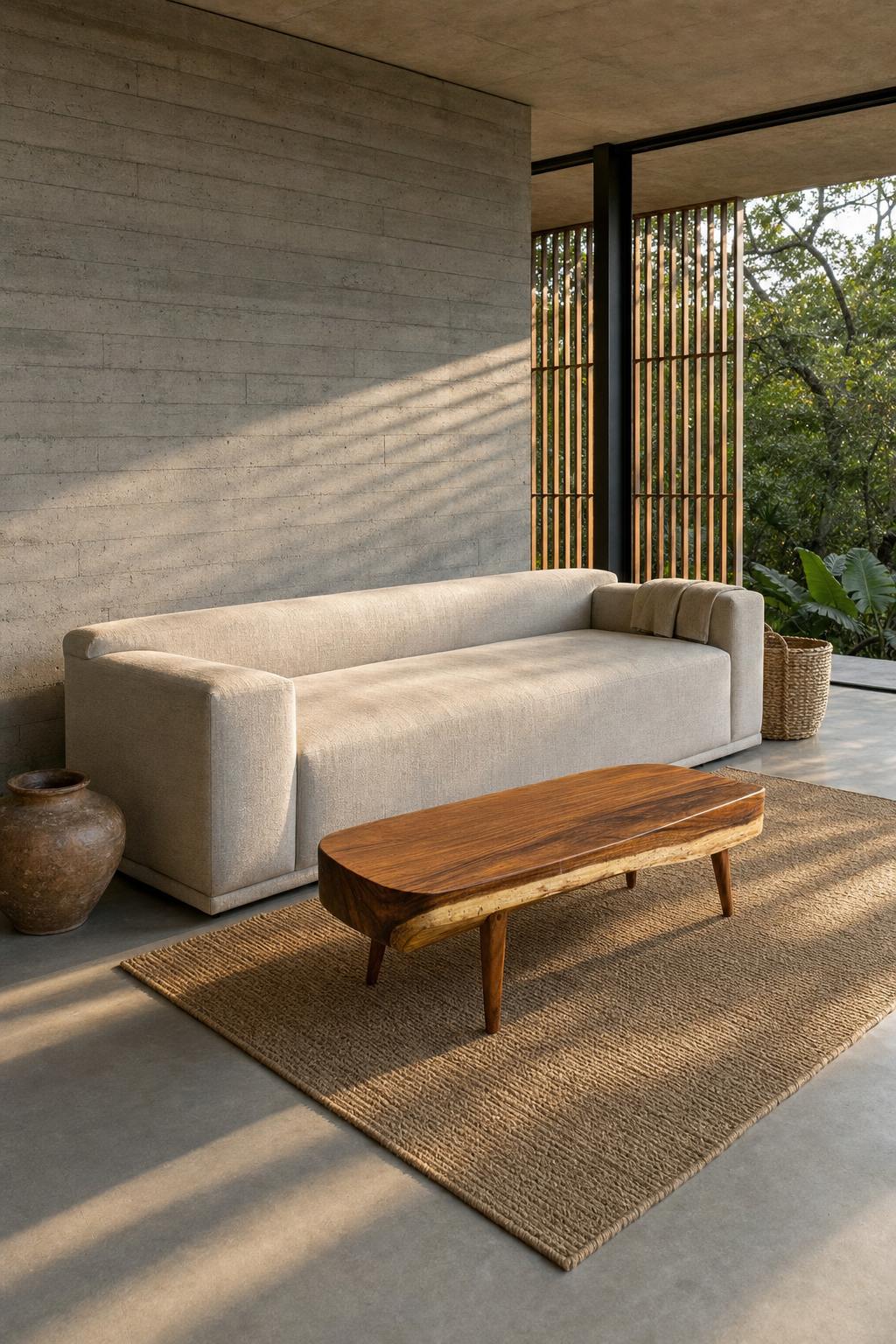 Staged visualisation — Sabana II seen from three-quarters, afternoon light raking across the live edge