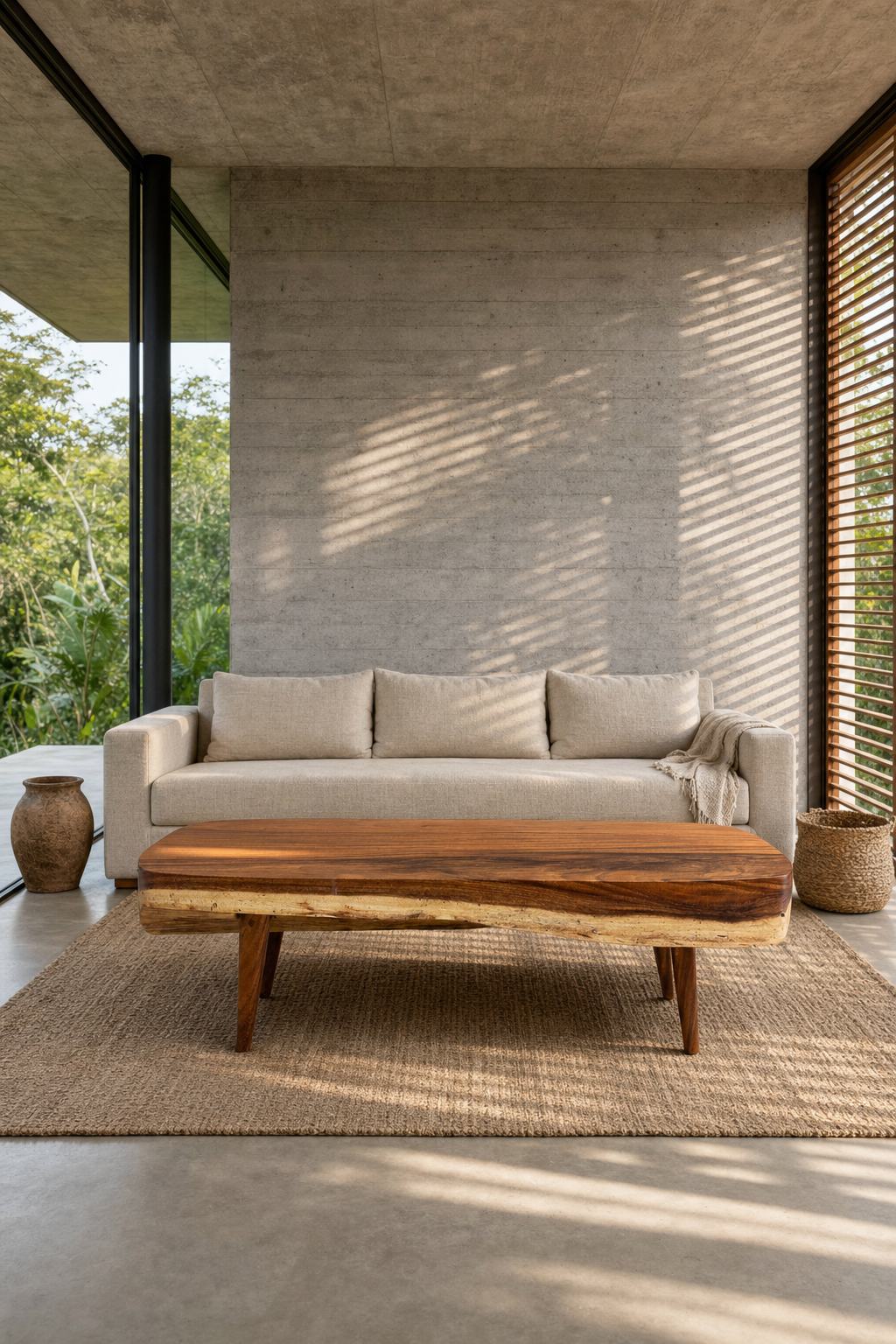 Staged visualisation — Sabana II in a concrete living room, seen straight on in front of a linen sofa