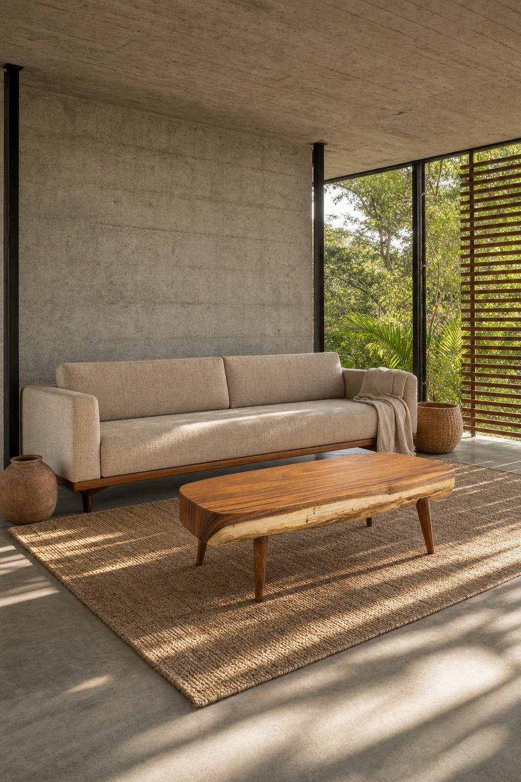Staged visualisation — Sabana III seen from three-quarters, afternoon light raking across the live edge