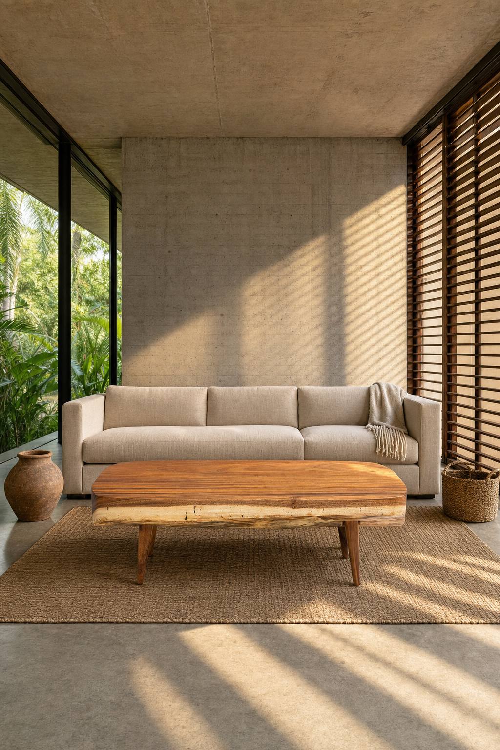 Staged visualisation — Sabana III in a concrete living room, seen straight on in front of a linen sofa