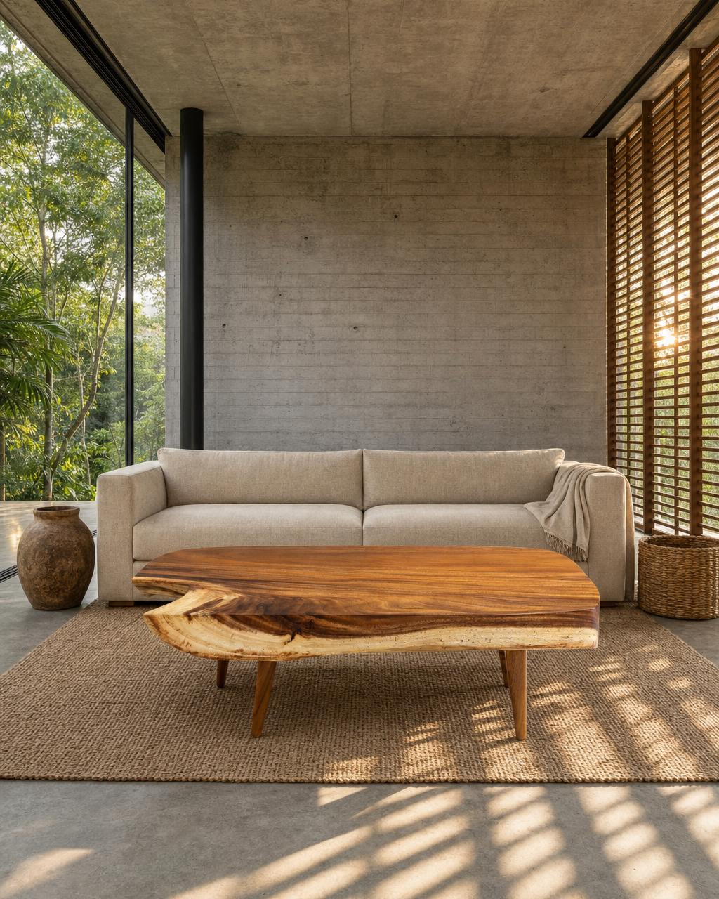 Sabana — Guanacaste wood coffee tables, shown in a staged visualisation of a concrete living room
