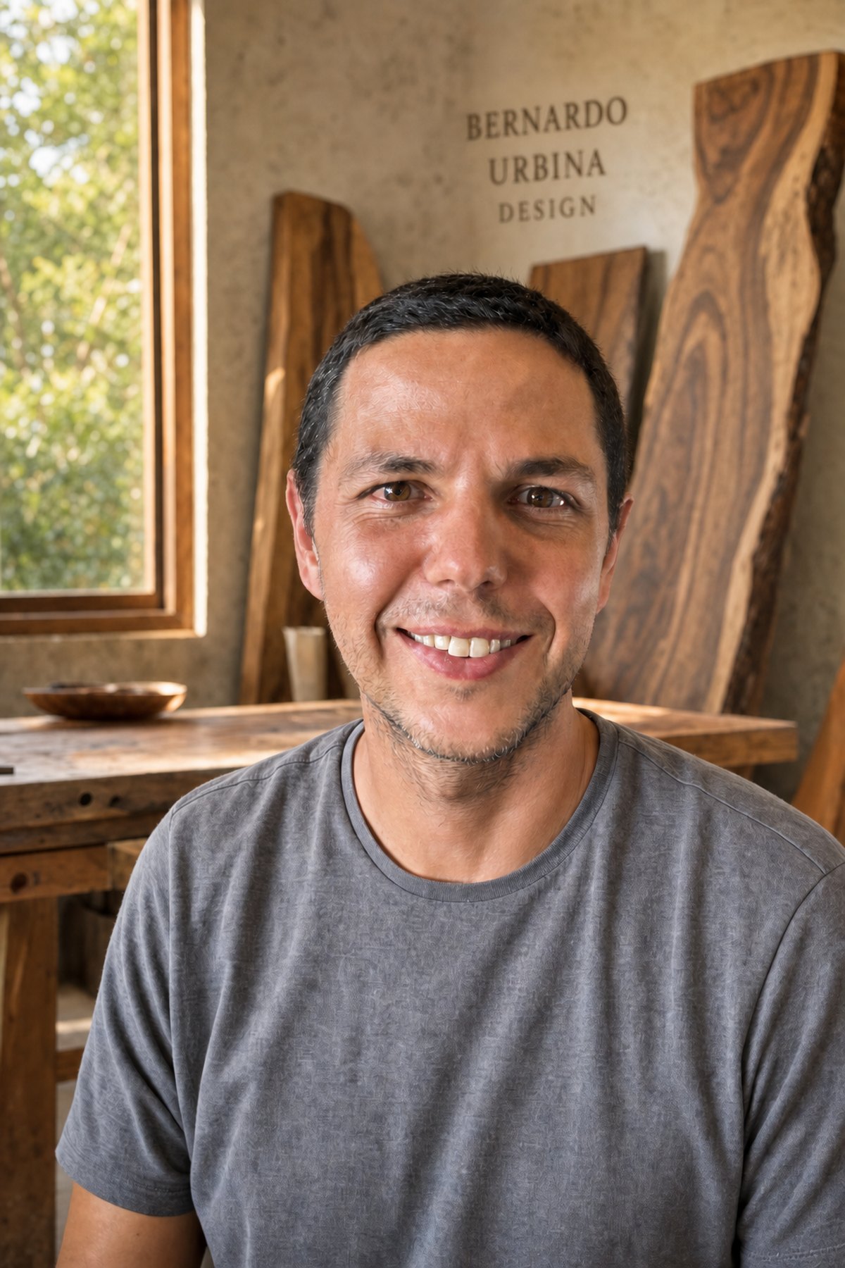 Bernardo Urbina in his Tilarán woodshop, with leaning Guanacaste slabs and a Bernardo Urbina Design wall sign behind him