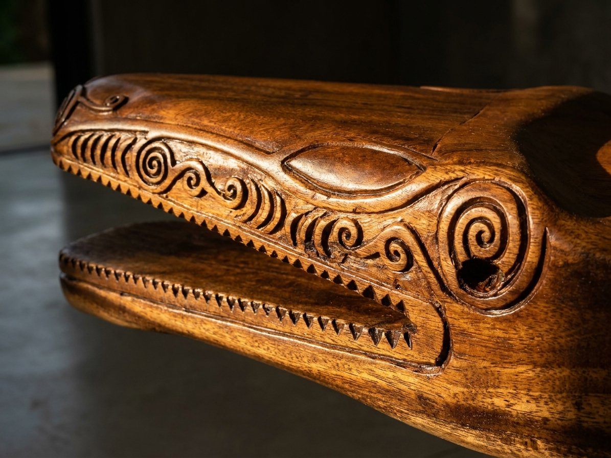 Close view of the Crocodile Bench's carved jaw — spiral motifs, eye and teeth in solid Guanacaste wood, golden-hour light (visualization)