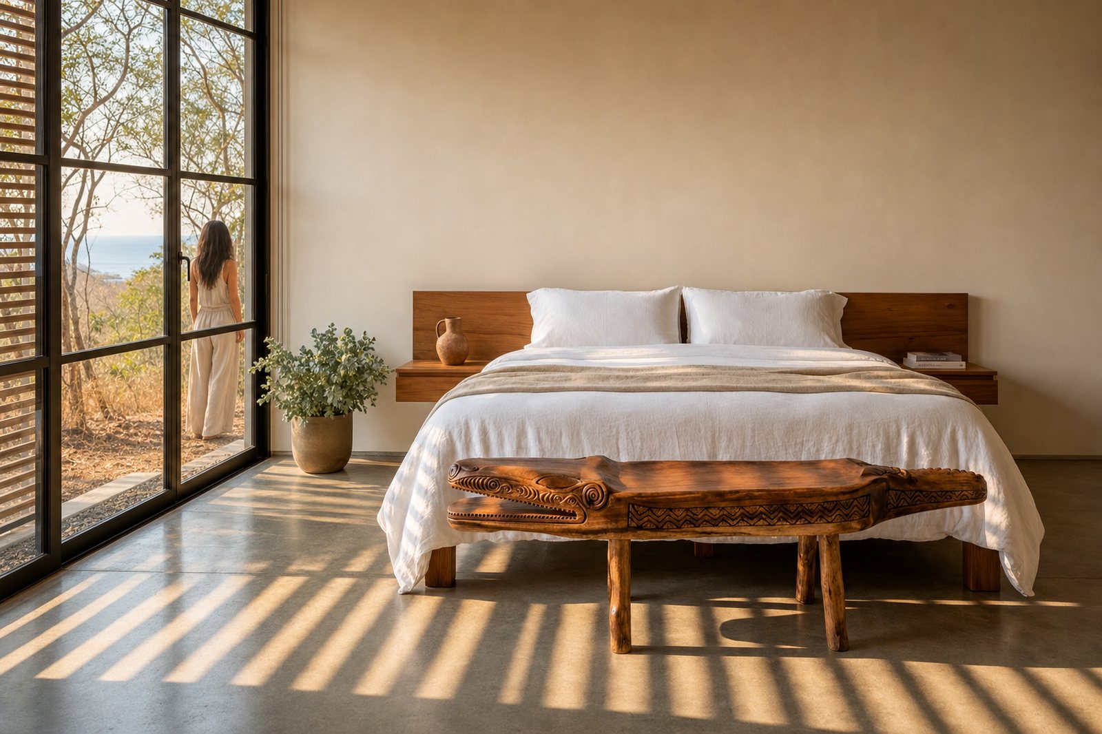 Crocodile Bench in solid Guanacaste wood at the foot of a king bed in a Papagayo villa bedroom — staged visualization