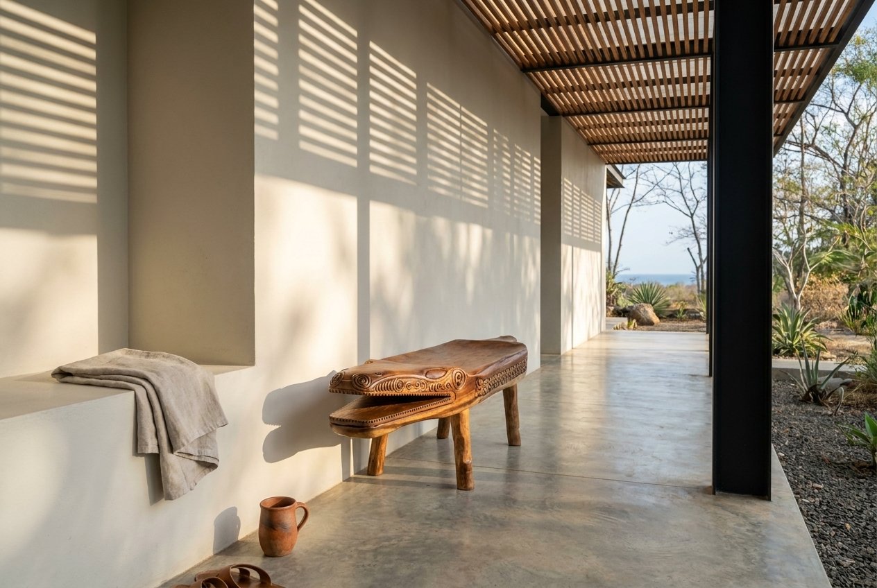 Crocodile Bench along the wall of a covered villa corridor in Papagayo, brise-soleil shadows and a glimpse of the Pacific — staged visualization