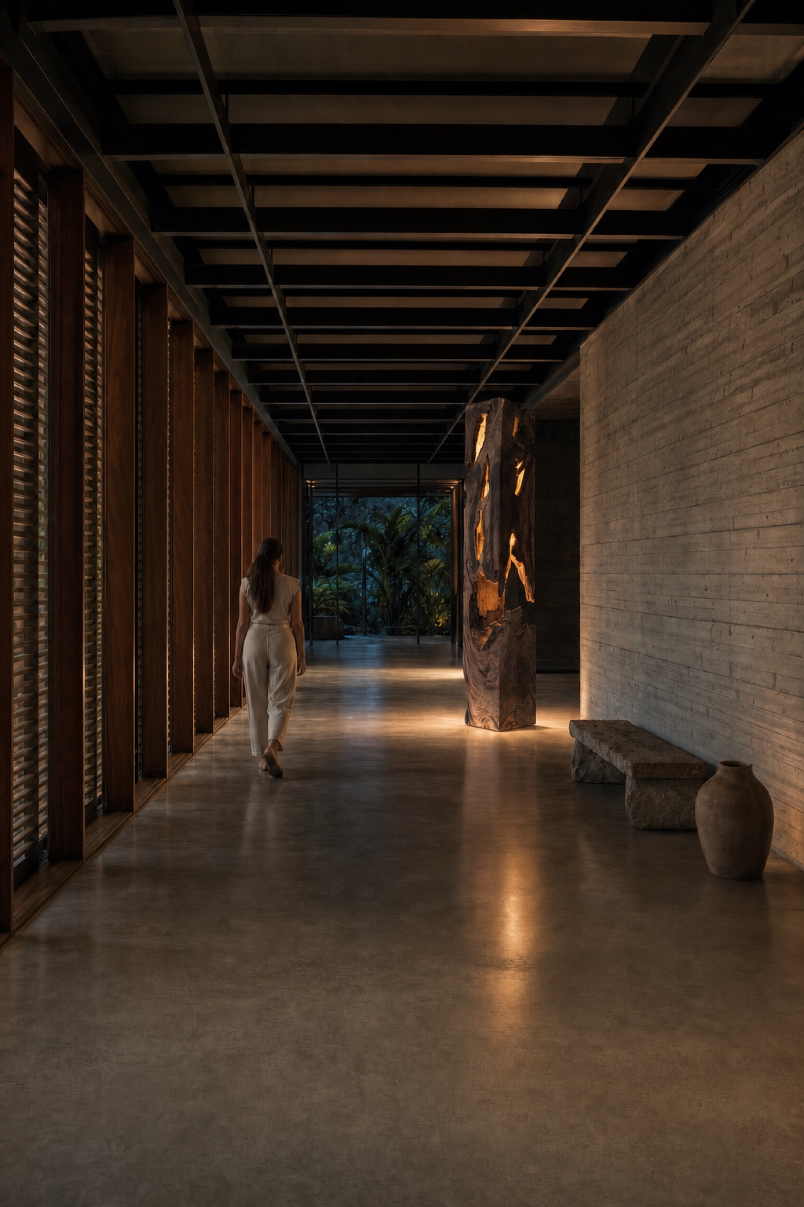 Lighting in Costa Rica — the Arenal Light monolith glowing in an entry hallway at dusk