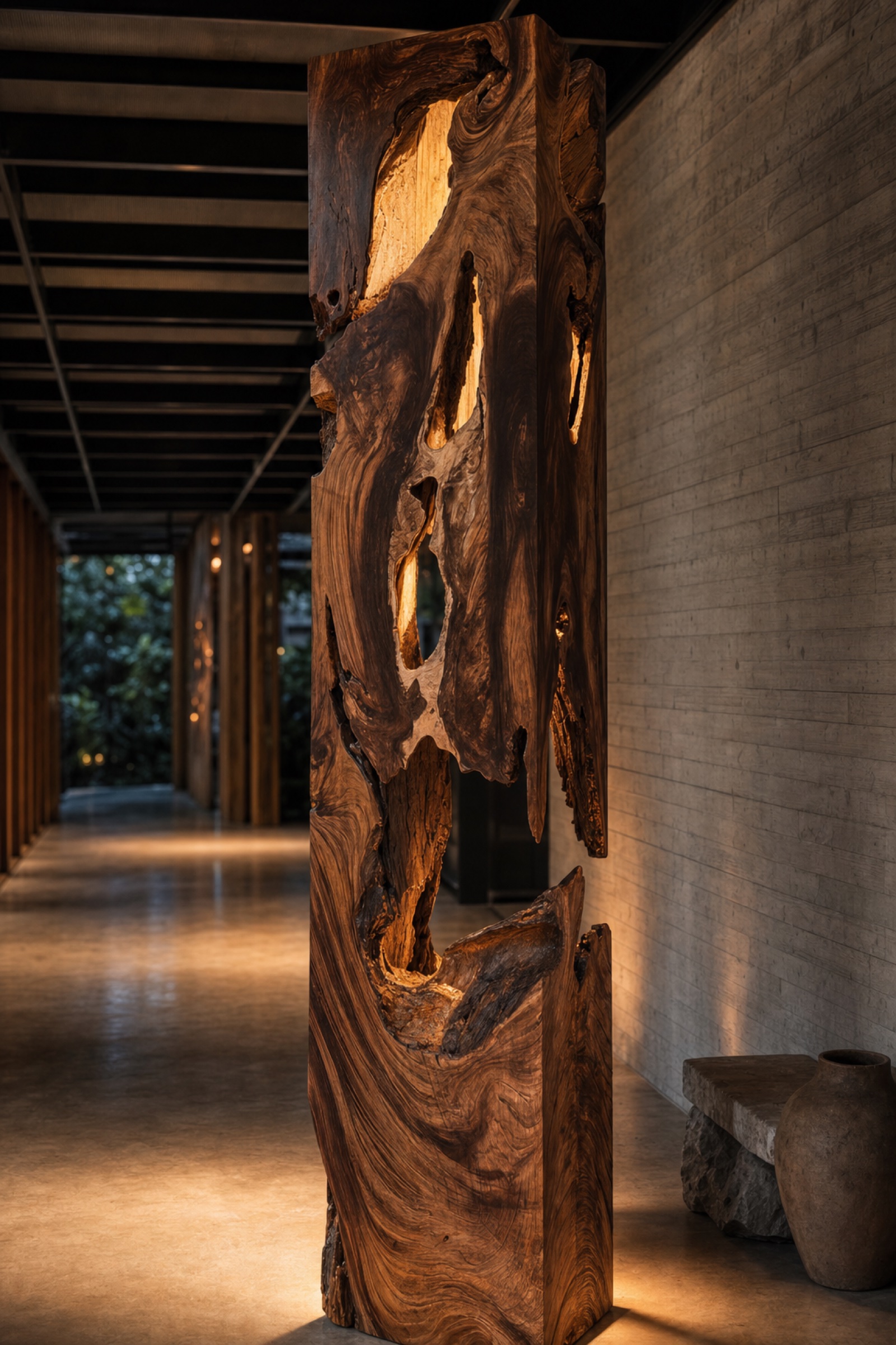 Close detail of the Arenal Light monolith showing polished grain and warm light glowing through natural voids