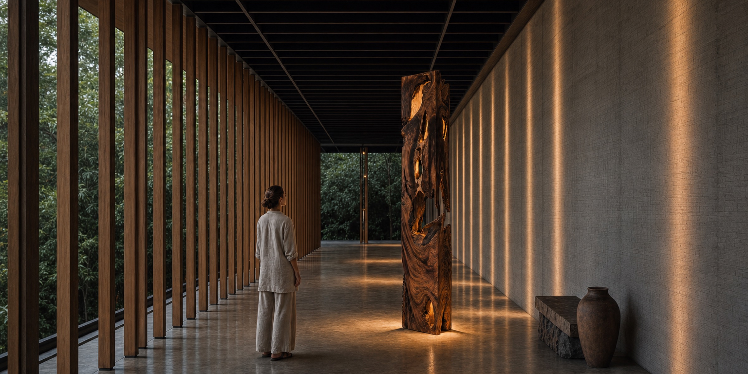 The Guanacaste light — a sculptural floor lamp carved from a solid Guanacaste slab, glowing warm through its natural voids in a louvered villa corridor