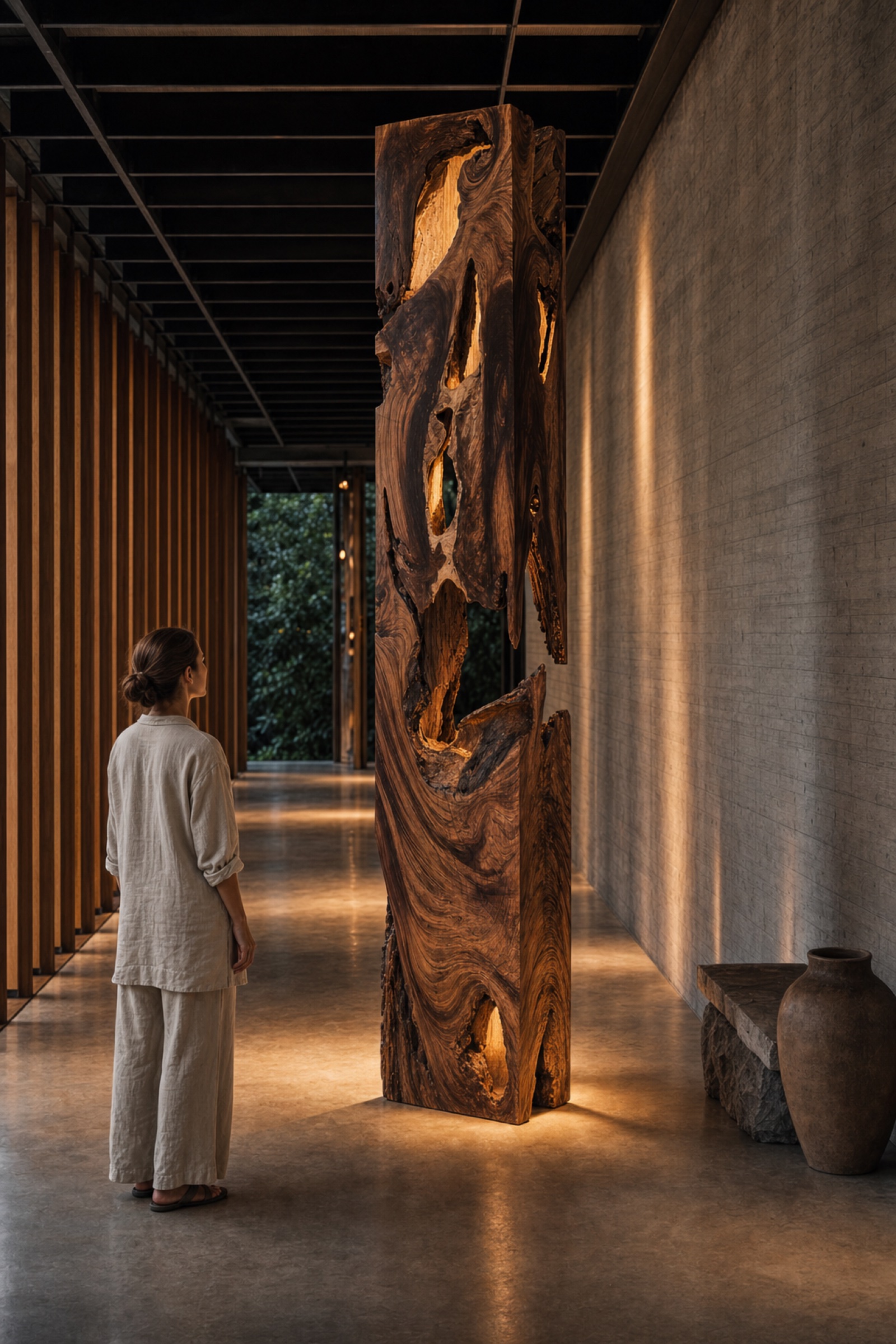 Arenal Light — sculptural monolith floor lamp cut from a single Guanacaste slab