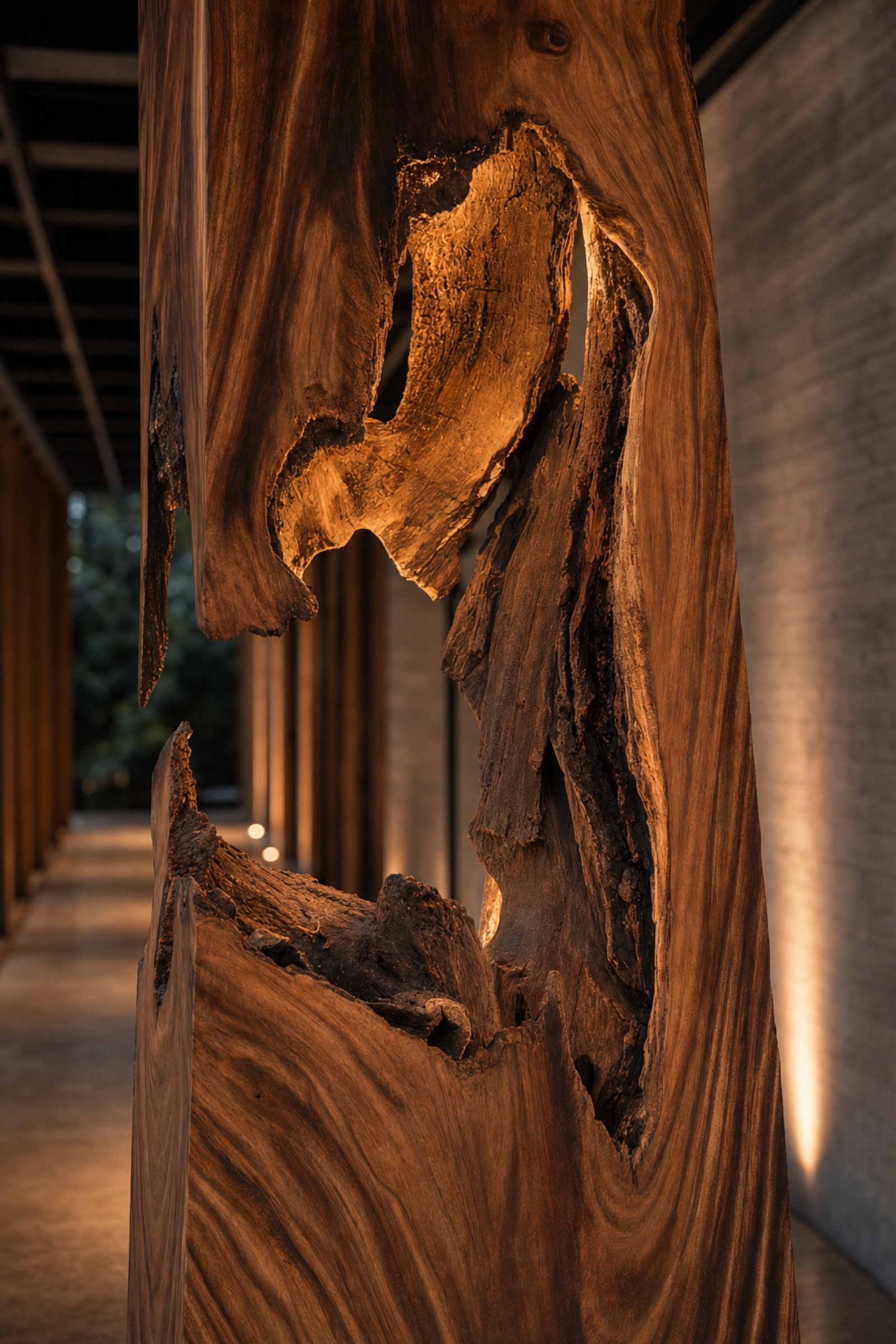 Straight-on detail of the Arenal Light monolith's natural void, bark-lined interior glowing with warm light