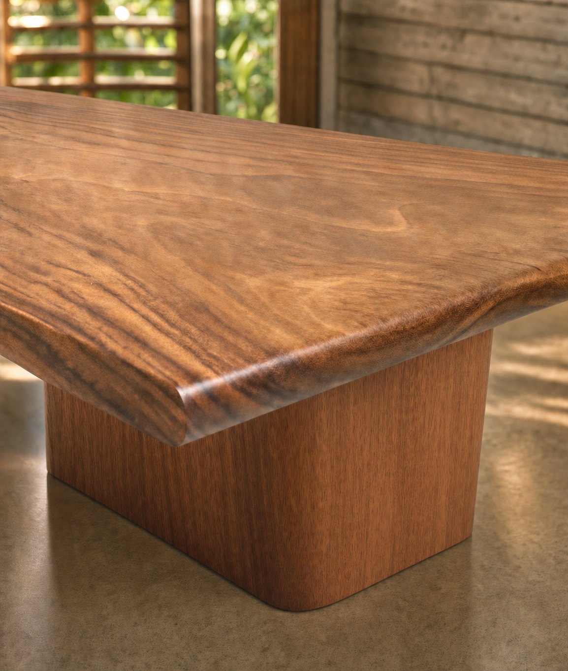 Close view of the Guanacaste Slab Coffee Table — the raw live edge, figured grain and rounded wood plinth