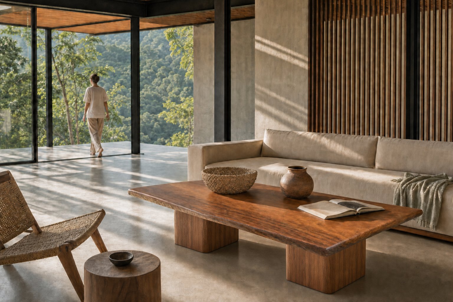The Guanacaste Slab Coffee Table in a warm Costa Rican living room, linen sofa and forest view at golden hour — staged visualization