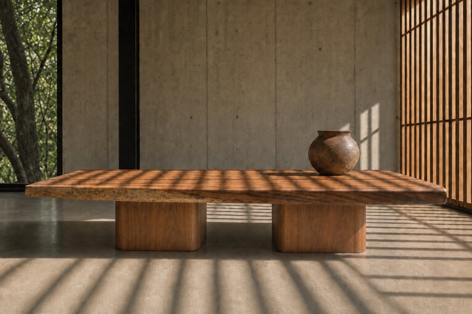Guanacaste Slab Coffee Table — a thick live-edge solid-wood slab on two rounded plinths in a tropical modernist villa, golden light across the grain — staged visualization