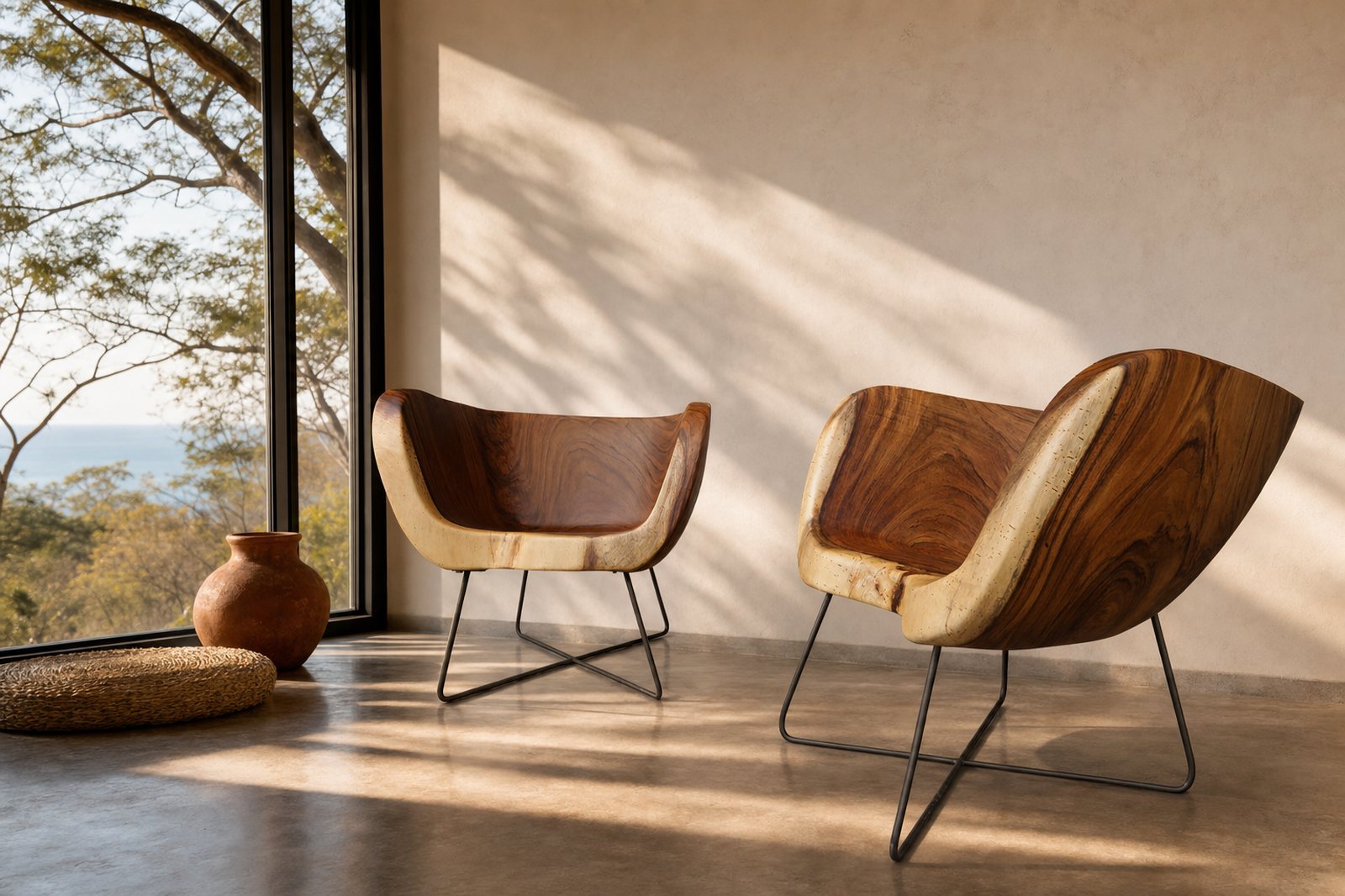 A pair of Pacífico lounge chairs in solid Guanacaste on black steel bases, in a warm Guanacaste villa with forest and Pacific view — staged visualization