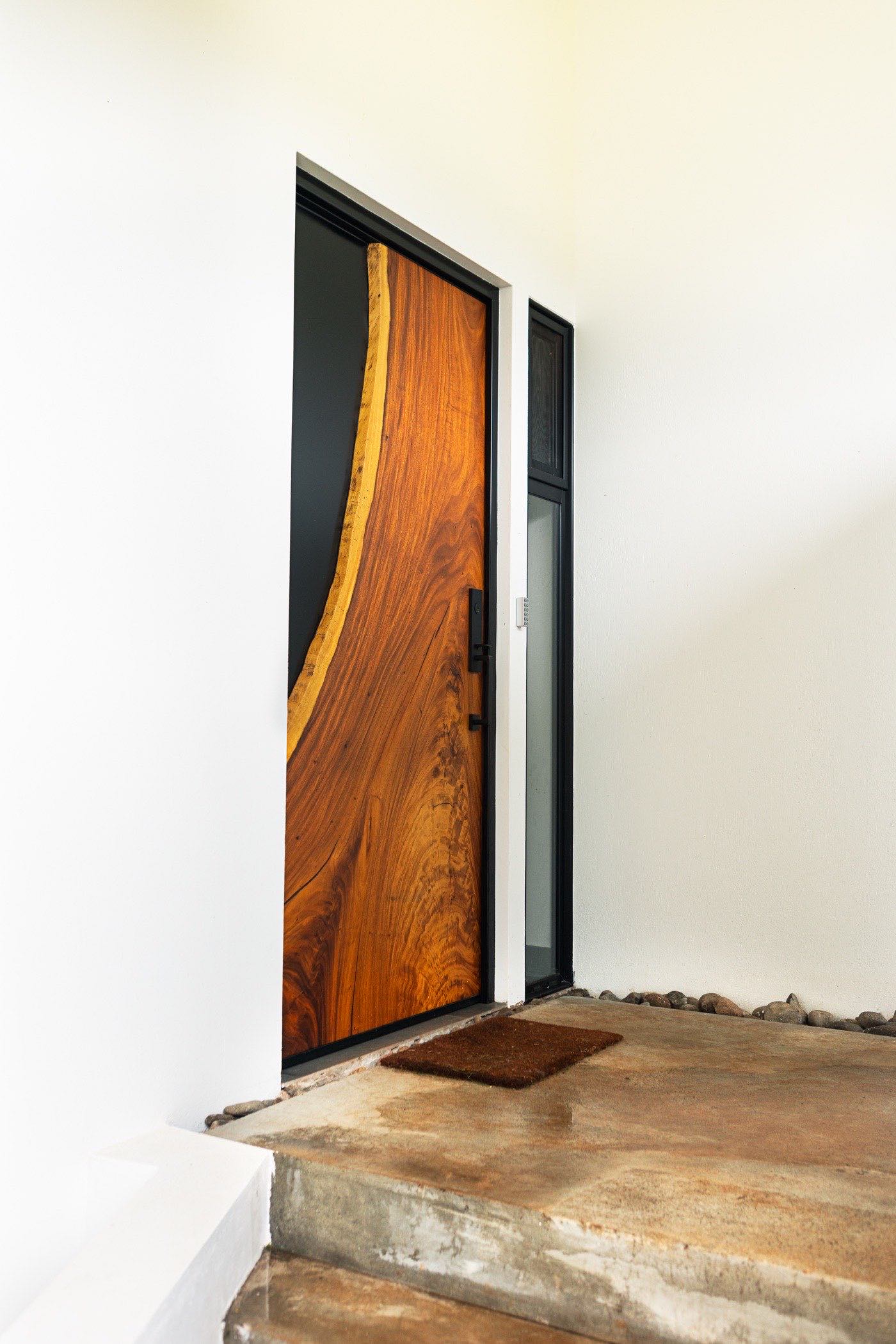 Sarapiquí door — solid Guanacaste door with a curved live edge against a black steel infill at Casa Santos