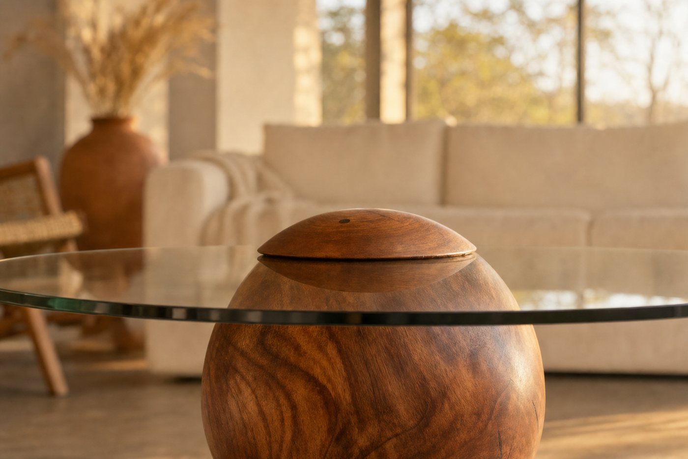 Detail of the glass top ringing the turned hardwood sphere, crowned by a turned cap