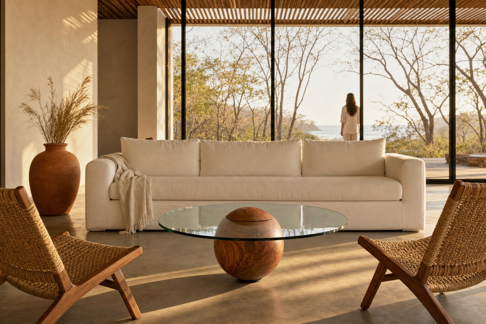 Sphere Coffee Table — turned solid-wood sphere with a round glass top in a Papagayo villa living room — staged visualization
