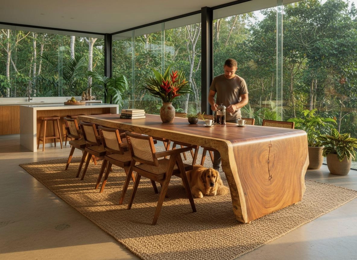 La Paz — live-edge Guanacaste dining table for 12 by Bernardo Urbina, with double waterfall legs, in a glass-walled Costa Rican home