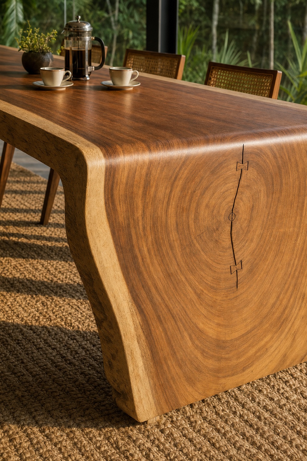 Detail of the La Paz table's waterfall end — end grain, butterfly keys, and live-edge sapwood of the Guanacaste slab