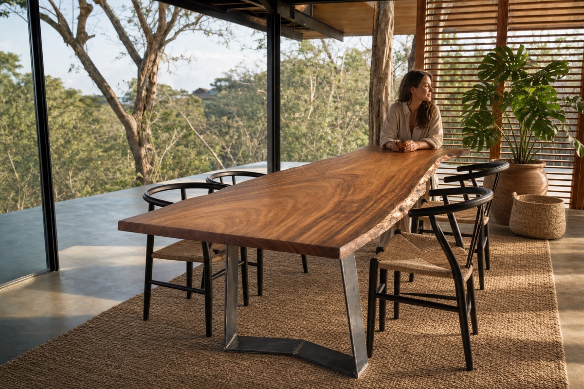 Nosara live-edge Guanacaste dining table by Bernardo Urbina, a single slab on a raw-steel V-base in a glass-walled Costa Rican home