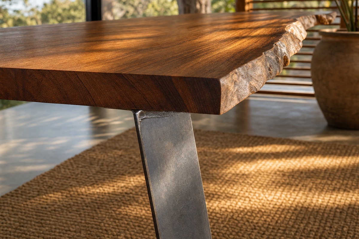 Detail of the Nosara table — the 3-inch live-edge Guanacaste slab meeting the quarter-inch raw-steel V-base