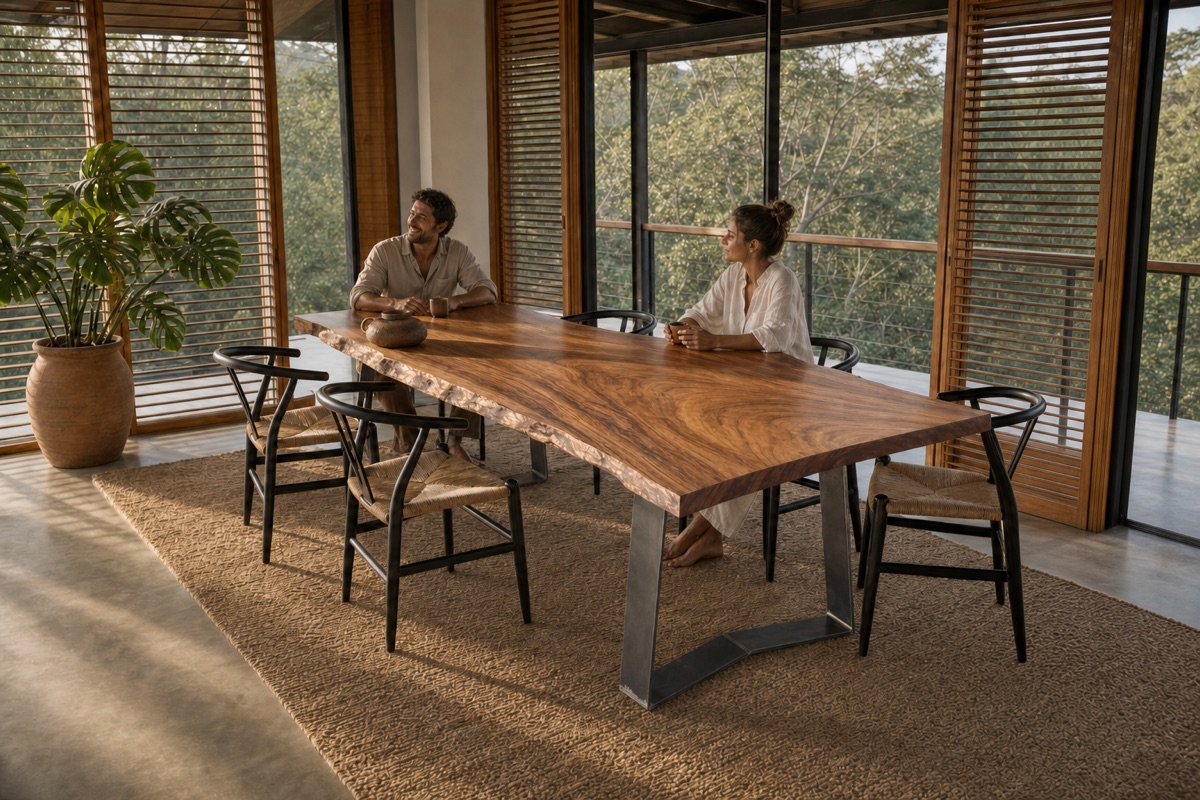 Nosara dining table seen from the side, seating a couple over coffee, jungle visible through floor-to-ceiling glass