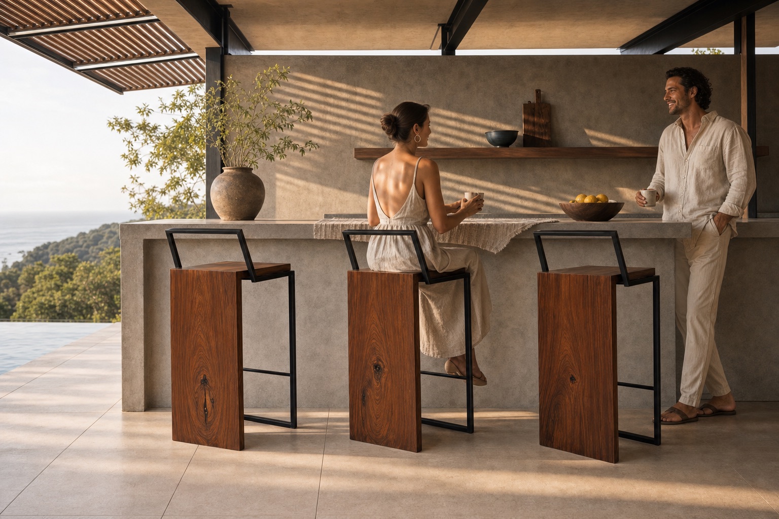 Waterfall counter stools at an open-air concrete bar with an ocean view in Costa Rica