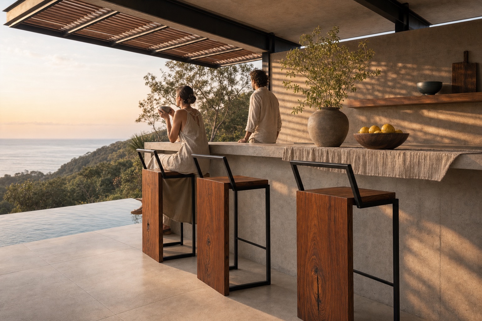 Waterfall Stools — solid Guanacaste counter stools along a concrete bar above a Pacific pool