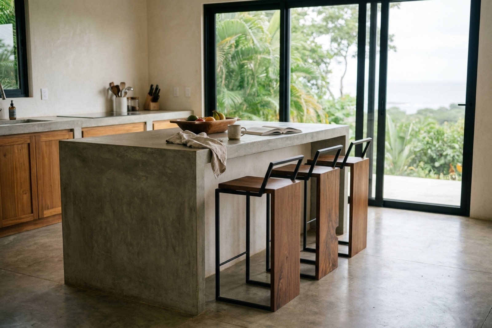 Waterfall-edge hardwood counter stools by Bernardo Urbina in a villa kitchen in Papagayo, Guanacaste